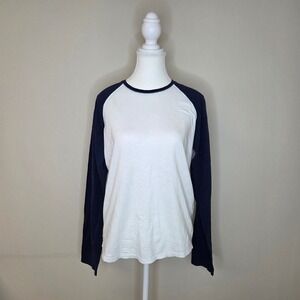 Vince Mens Long Sleeve Baseball‎ T Shirt White Navy Size S Cotton